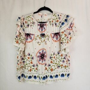 Rose + Olive White Womens L Floral Cottagecore Artsy Boho Top Flutter Sleeve